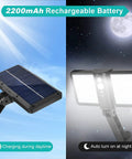 Remote Solar Motion Sensor Flood Lights with 128 LED ultra bright design showing solar charge by day and glowing at night, IP65.