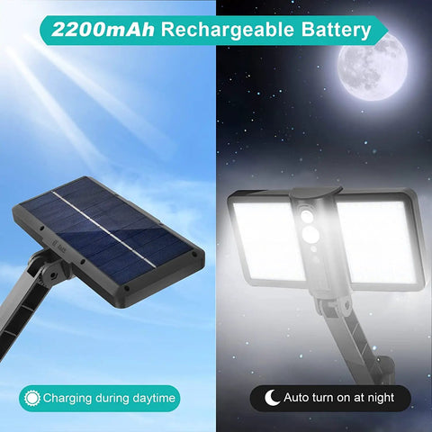 Remote Solar Motion Sensor Flood Lights with 128 LED ultra bright design showing solar charge by day and glowing at night, IP65.