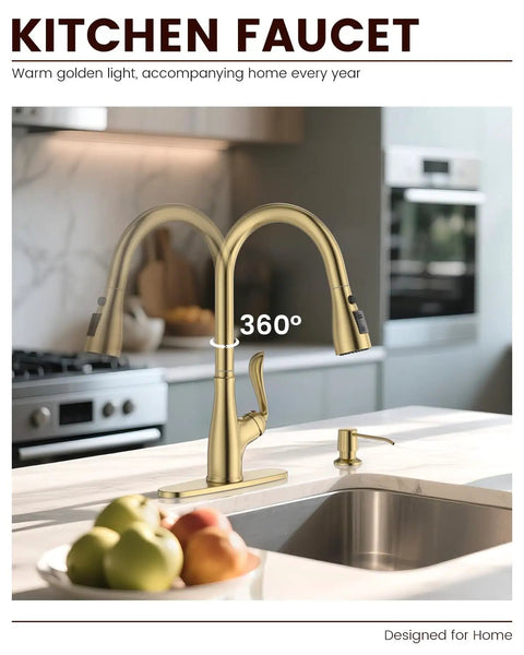 Patented Kitchen Faucet With Pull Down Sprayer And Soap Dispenser, Single Handle, Stainless Steel Brushed Nickel Finish, High Arc Pull Out Design With Deck Plate, Heavy Duty Ceramic Cartridge, 500000 Cycle Tested For Long Lasting Performance