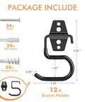 Diagram of 12-Pack Beefy Heavy Duty Metal Broom Holder Wall Mount with screws and anchors, dimensions labeled.