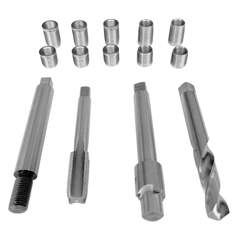 Three Eighths Twenty Four Thread Repair Kit With Two Insert Lengths Half Inch And Three Quarter Inch Stainless Steel Inserts For Auto Parts ATV UTV Repairs Ten Stainless Steel Inserts For Strong Durable Thread Repair featuring drill, taps, and inserts.