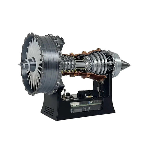 Turbojet Engine Model Kit With Brushless Motor And Thrust Reverser, Realistic Replica Details, Light Effects, And Easy Assembly For 3D Printing Process Tech Enthusiasts. 3D-printed display model on stand