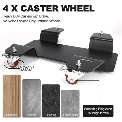 Heavy Duty Motorcycle Dolly With 360 Degree Casters Center Stand Mover For Easy Maneuver In Tight Spaces Holds Up To 800 Lbs Fits Cruisers Sportbikes And Scooters 21.6 Inches Wide Ready To Roll, showing caster wheels and brake system on smooth surface.