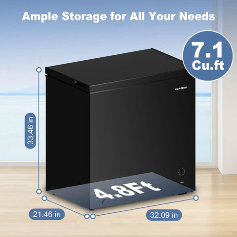 Sleek 7.1 Cubic Foot Chest Freezer In Classic Black With Seven Level Temperature Control Perfect For Small Apartments, dimensions shown.