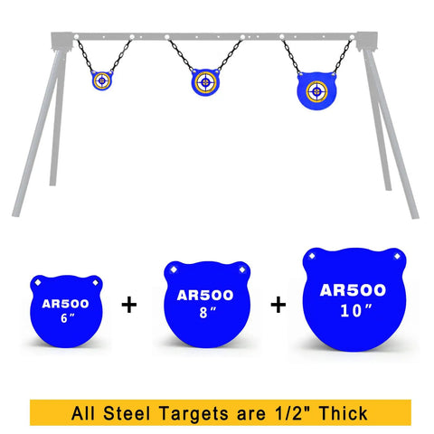 AR500 Steel Target Set With One Half Inch Thick Gongs For Shooting, 4 Inch 6 Inch 8 Inch Silhouette Targets, Mounting Kit With Chain Strap, Extra Bolts, Great For Backyard Or Range Precision Shooting displayed with silhouettes