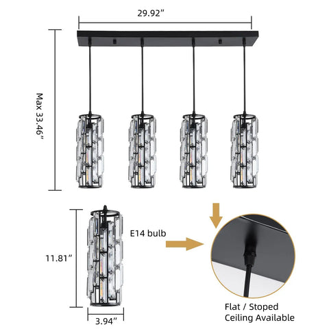 Four Light Black Crystal Pendant Lights With Adjustable Dope Modern Mini Island Chandeliers dimensions and details