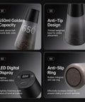 Keep Your Morning Brew Fresh As Heck With This Game Changing Smart Vacuum Sealed Coffee Canister Featuring Digital Pressure Gauge Rechargeable Design And Airtight Glass Storage showing features like LED digital display, anti-tip design, and anti-slip ring.