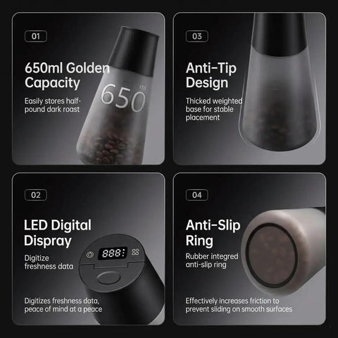 Keep Your Morning Brew Fresh As Heck With This Game Changing Smart Vacuum Sealed Coffee Canister Featuring Digital Pressure Gauge Rechargeable Design And Airtight Glass Storage showing features like LED digital display, anti-tip design, and anti-slip ring.