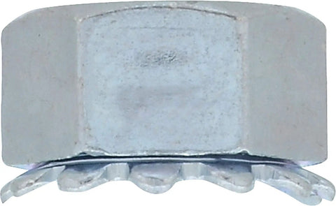 Heavy Duty Zinc Plated Steel Keps Lock Nuts With Captive Toothed Flange Number 10-32 fine thread, focusing on the toothed washer detail.