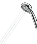 Banbury Spot Resist Brushed Nickel 5 Spray Hand Shower With Hose And Bracket in use, showing water jets from 4 inch nozzle.