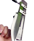 Pro Grade Knife Sharpening Jig For Belt Grinders And Sander, Stainless Steel Sharpening Locator Clip With Dual Arm Grips, close-up view.