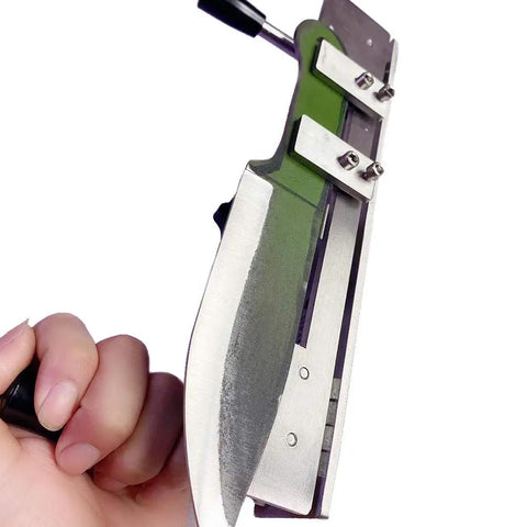 Pro Grade Knife Sharpening Jig For Belt Grinders And Sander, Stainless Steel Sharpening Locator Clip With Dual Arm Grips, close-up view.