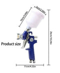 Lightweight Aluminum Pneumatic Paint Sprayer With Mixing Cup For Vehicles And Home Projects showing size dimensions on a blue spray gun.