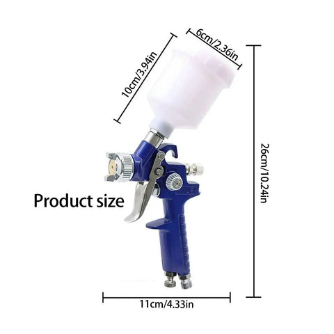 Lightweight Aluminum HVLP Paint Sprayer Gun With 0.8 Mm Nozzle And Built In Mix Cup, showing dimensions and compact design.