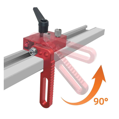 Slick Aluminum T Track Miter Stop Rail For Woodworking Jigs, red aluminum slider with adjustable lock for precise cuts.