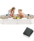 Kids Sandbox With Cover And Built In Seating, Weather Resistant Outdoor Sand Pit For Backyard Fun, Detachable Seats, two children playing