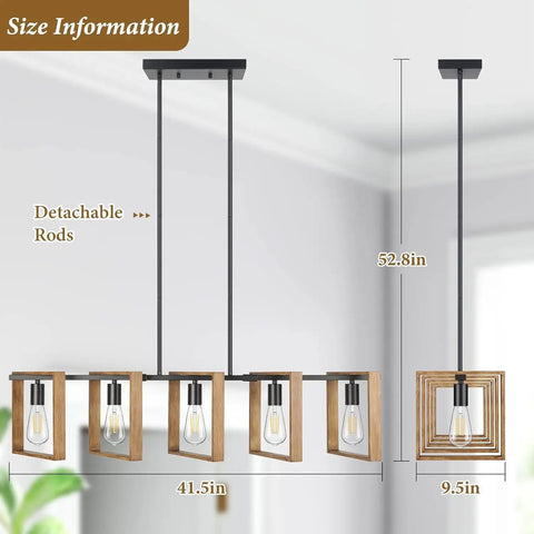53 Inch Farmhouse Kitchen Island Light Five Light Adjustable Dining Room Wood And Black Metal Chandelier dimensions shown