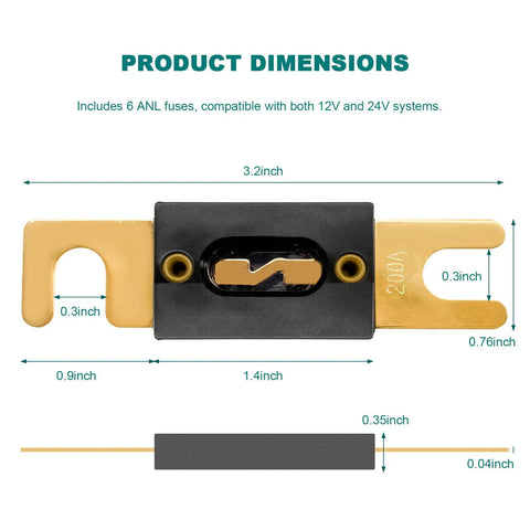 Heavy Duty Gold Plated ANL Fuses 200 Amp 6 Pack dimensions with measurements for cars, trucks, boats, and motorcycles.