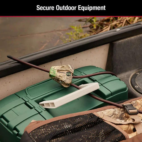 Keyed Alike Python Cable Lock for Trail Cams in Camouflage securing outdoor equipment on a boat, adjustable 6 ft cable, camo finish.