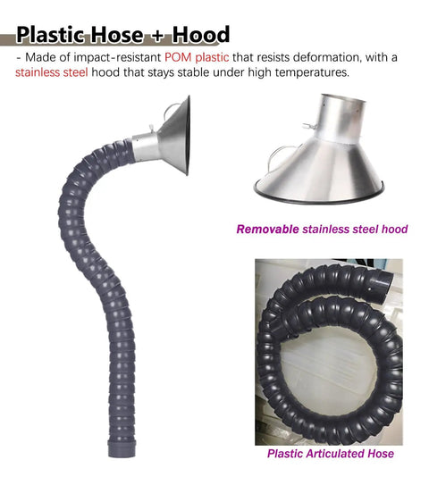 Heavy Duty Industrial Duct Hose With Fume Extractor Hood And Flexible Articulated Arm Tube, POM plastic and stainless steel for workshop ventilation.