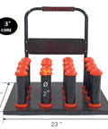 Front view of Vinyl Roll Storage Cart With Handle Mobile 16 Roll Capacity Heavy Duty Digital Media Stand Holds 3 Inch Core Rolls Ideal For Paint Protection Film Photography Paper Blueprint Rolls And Window Film Black, with dimensions 27x23 inches.