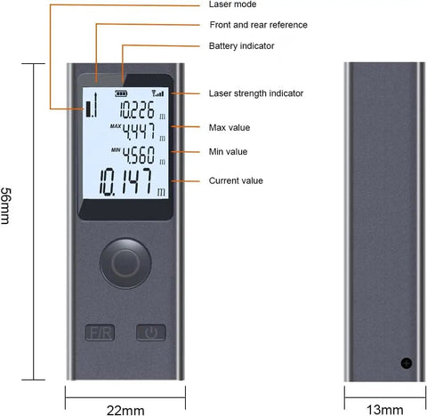 Pocket Size Laser Distance Meter 164 Ft Range USB Rechargeable with LCD readout for precise measurements in compact design.