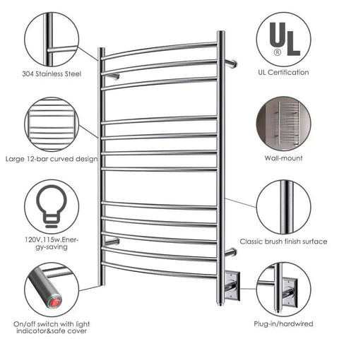 Curved 10 Bar Wall Mounted Towel Warmer Hardwired Electric Bath Towel Heater with stainless steel bars and energy-efficient design.