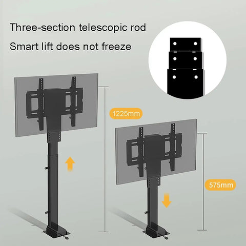 Beefy Electric TV Lift Stand With Smooth Remote Operation And Auto Memory Positions For Large Screens 26 To 65 Inches showing adjustable height features.