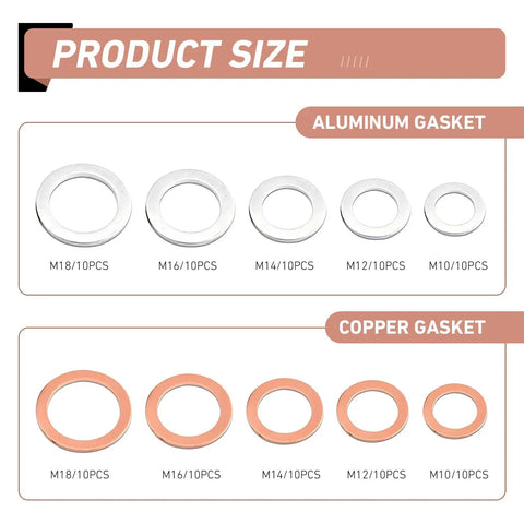 100 Pack Oil Drain Plug Crush Washers Kit With Copper And Aluminum Mix displaying sizes M10 to M18, universal fit.