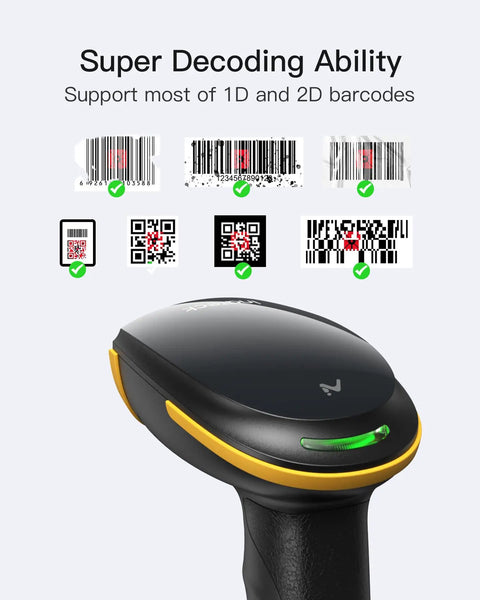 Bluetooth Barcode Scanner 2D Handheld with smart charging base BCST-36, featuring super decoding ability for 1D and 2D barcodes.