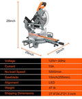 Professional Grade 10 Inch Double Bevel Sliding Compound Miter Saw With A Bulletproof 15 Amp Motor And Smooth 5000 Rpm Cutting Action For Precision Woodwork And Home Garage Grinds, displaying dimensions and features.