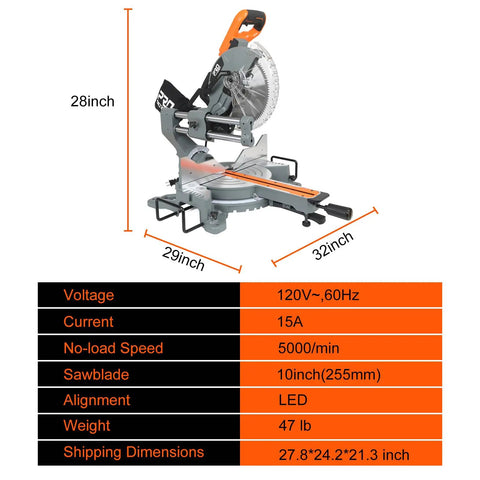 Professional Grade 10 Inch Double Bevel Sliding Compound Miter Saw With A Bulletproof 15 Amp Motor And Smooth 5000 Rpm Cutting Action For Precision Woodwork And Home Garage Grinds, displaying dimensions and features.