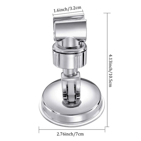 Adjustable Shower Head Holder with No Drill Wall Mount in chrome finish, displayed with dimensions, for flat surfaces.