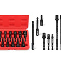 Ultimate 21 Piece Magnetic Nut Driver Set With Impact Socket Adapter Kit Bringing Heavy Duty Power Tools To Your Shop Featuring SAE Metric Power Drivers And Bit Holders In A Durable Red Case For Serious Mechanics Who Need High Torque Precision. red case with CR-V magnetic nut drivers and impact adapters