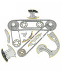Premium Timing Chain Set For Audi A4 A6 A8 Q7 And VW Touareg 2.7 TDI 3.0 TDI Model Years 04 To 10 BPP BSG BUN BKS Fits Full Engine Systems Durable Metal Build That Lasts A Long Time Without Breakage, metal chains and guides laid out on white
