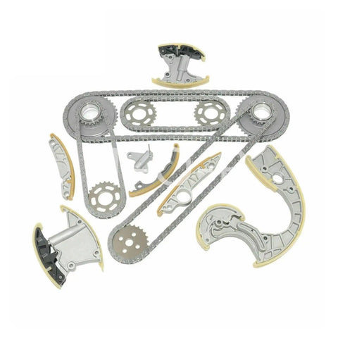 Premium Timing Chain Set For Audi A4 A6 A8 Q7 And VW Touareg 2.7 TDI 3.0 TDI Model Years 04 To 10 BPP BSG BUN BKS Fits Full Engine Systems Durable Metal Build That Lasts A Long Time Without Breakage, metal chains and guides laid out on white