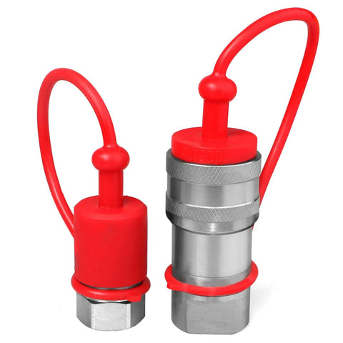 Hydraulic quick-connect couplers, 1/4 in NPT, ISO 7241-B, red dust caps with tether (set of two)