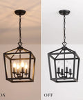 Farmhouse Rustic Black Lantern Chandelier Hanging Light Fixture With Four Lights for kitchen and dining, on and off view.