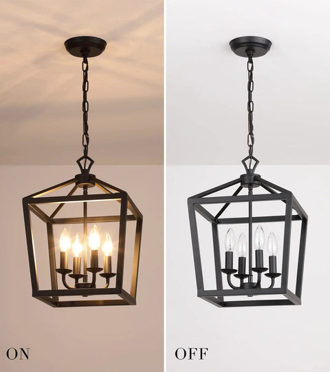 Farmhouse Rustic Black Lantern Chandelier Hanging Light Fixture With Four Lights for kitchen and dining, on and off view.