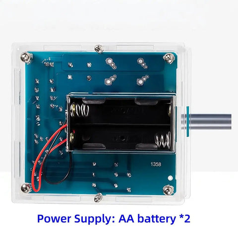 Close-up of Coilgun Soldering Practice Kit with PCB, battery holder, and wiring, ideal for real world electronics assembly.