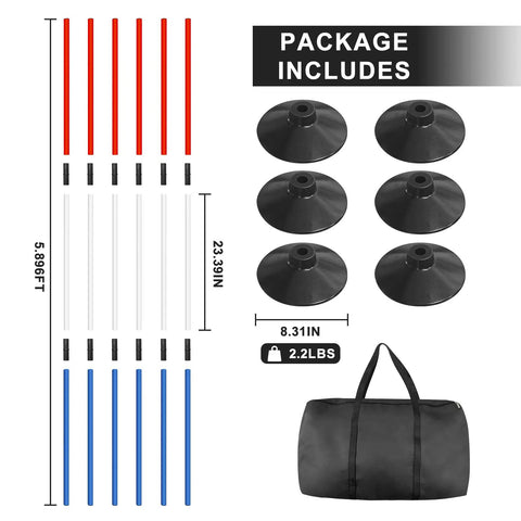 Six 6-Foot Adjustable Pole Bending Poles For Horses And Pups with connectors, bases, and storage bag visible