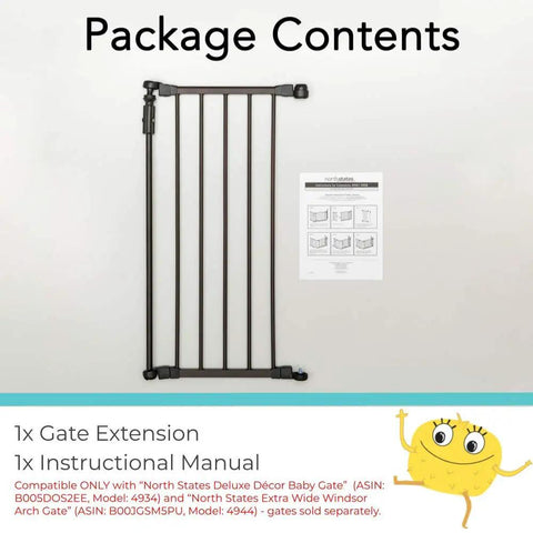 15 Inch Baby Gate Extension For Deluxe Decor Gate Adds Up To 6 Extenders To Fit Wider Openings 30 Inch Tall Matte Bronze Safety Accessory Perfect For Wide Openings And Stair Gates With Easy Tool Free Installation, shown with manual.