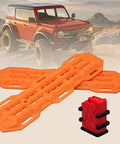 10 Piece RC Crawler Roof Rack Gear Kit With Luggage Net Fishing Box Oil Drum Shovel Antennas Recovery Board For Traxxas TRX4 TRX6 Axial SCX10 Redcat GEN7 GEN8 Rc4wd Black showcasing orange recovery boards and red oil drum against rocky terrain