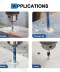 Badass Dry Diamond Tile Drill Bit Set With Magnetic Phillips Ph2 Screwdriver Bits For Crushing Hard Porcelain Ceramic Granite Marble In Every Standard Size Rock Solid Tool Kit shown drilling into granite, porcelain, marble, and screws.
