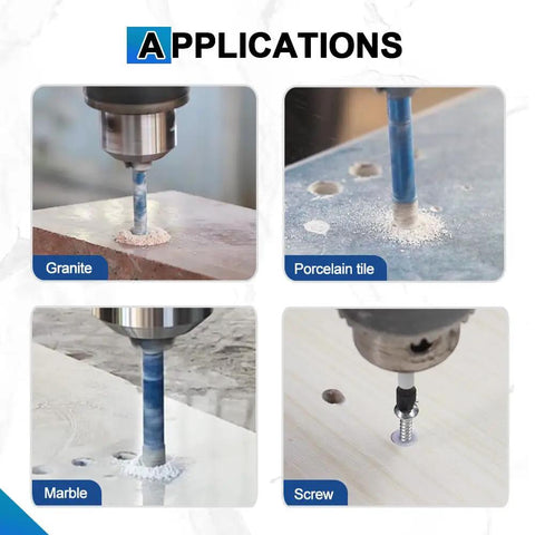Badass Dry Diamond Tile Drill Bit Set With Magnetic Phillips Ph2 Screwdriver Bits For Crushing Hard Porcelain Ceramic Granite Marble In Every Standard Size Rock Solid Tool Kit shown drilling into granite, porcelain, marble, and screws.