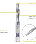 Close-up of All In One Six Pack Drill And Tap Bit Set For Metal Wood And Plastic with hex shank, spiral flute, and 1/4 inch hex shank