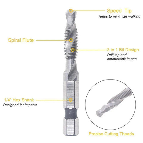 Close-up of All In One Six Pack Drill And Tap Bit Set For Metal Wood And Plastic with hex shank, spiral flute, and 1/4 inch hex shank