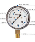 Low Pressure Capsule Gauge 0 to 10 PSI, Two And A Half Inch Dial, Quarter Inch NPT Bottom Mount, Zero Adjustment, labeled features