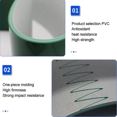 Close-up of heavy duty PVC conveyor belt showing product details and features for industrial use, focus on durability and construction.