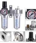 All In One Dual Unit Pneumatic Air Treatment System with Regulator, Filter, and Lubricator, silver body, pressure gauge